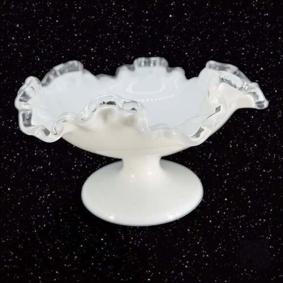 Fenton Silver Crest Footed Bowl Ruffle Edges Milk Glass Clear Edge Vintage VTG - Picture 10 of 10